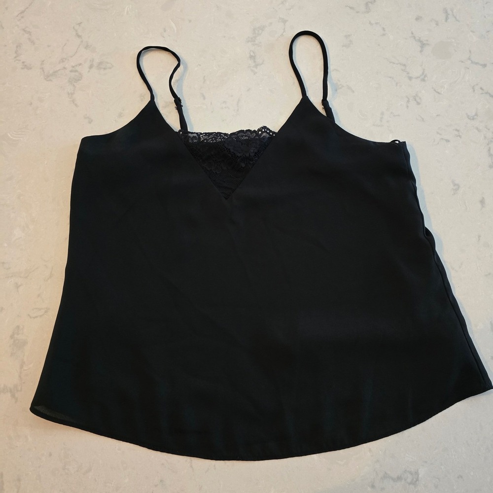 Black Lace Trim V-Neck Camisole Adjustable Spaghetti Straps Lined Tank Top